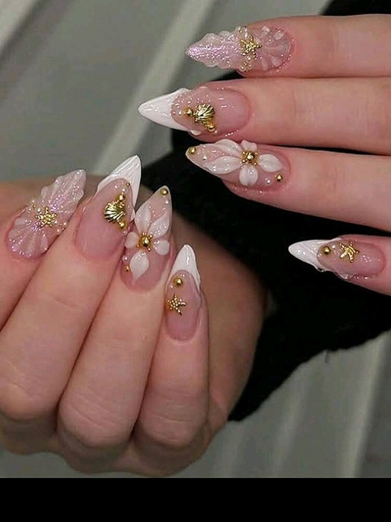 Other - White & Pink Floral 3D Stiletto Nail Art Set - Luxury Women Makeup